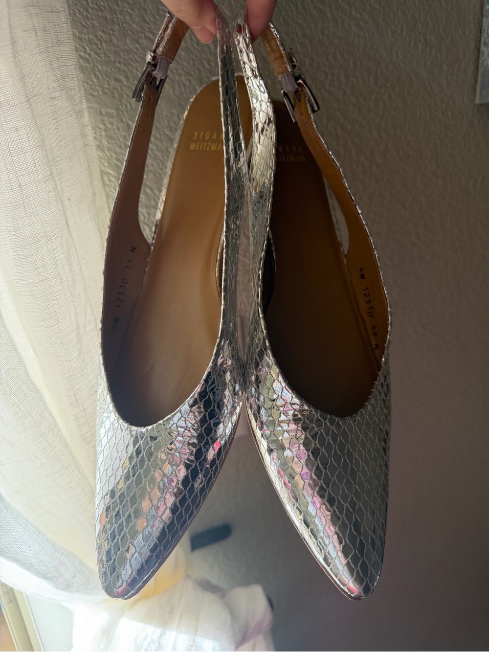 Stuart Weitzman Silver Snake-Print Pointed Slingback Flats - Picture 7 of 7